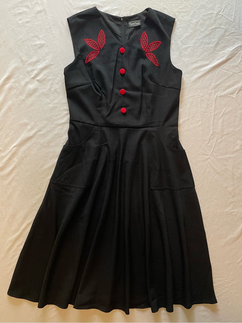 Voodoo Vixen Black Sleeveless Dress with Red Buttons & Embroidered Accents